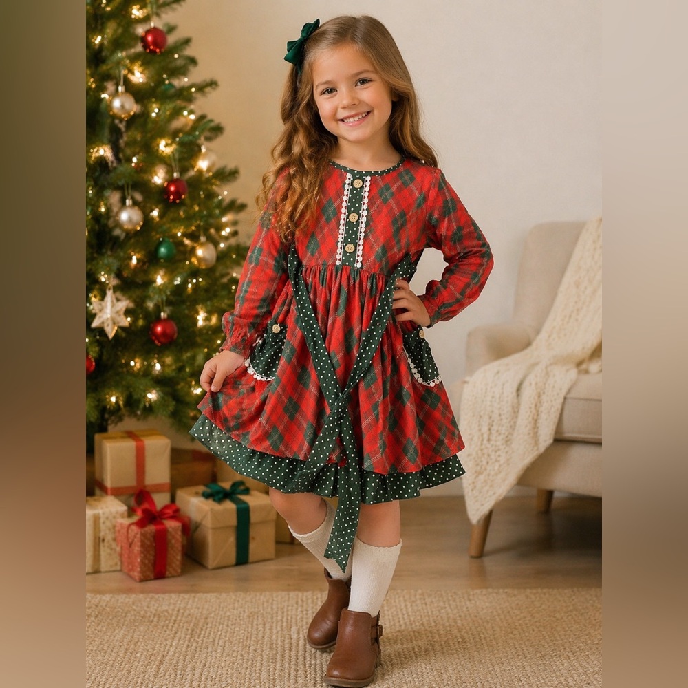 Adorable Sweetness Girls Holiday Plaid Dress Size 5/6 Red Green Long Sleeve